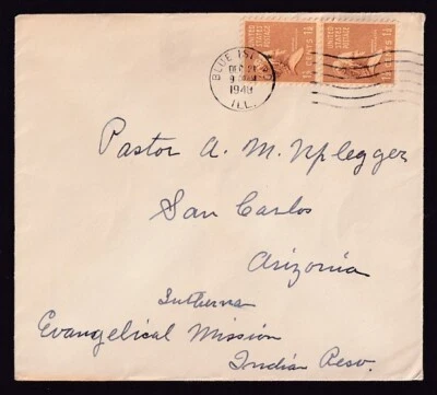 US #805 VERTICAL PAIR COVER FROM BLUE ISLAND ILLINOIS TO SAN CARLOS ARIZONA 1948 - Image 1 of 2