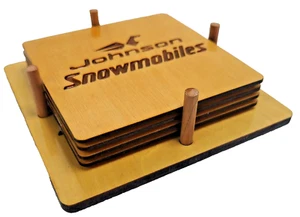 Natural Wood Vintage Johnson Snowmobile Coasters and Display Holder - Picture 1 of 12