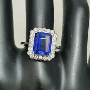 18K Emerald Cut Blue Sapphire & Diamond Cluster Ring 0.48 carats hallmarked - Picture 1 of 4