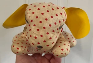 Cane maculato peluche vintage metà secolo con orecchie in plastica gialla decorazione giocattolo - Foto 1 di 6