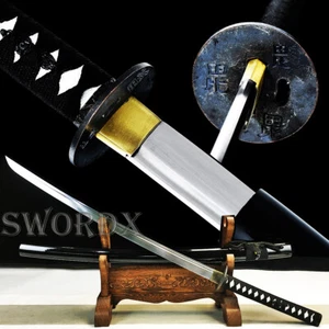 Espada guerrera japonesa negra Samurai Katana hoja de acero al carbono grabada tsuba - Imagen 1 de 12