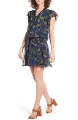 $228 NUEVO SIN ETIQUETAS VESTIDO ELLA MOSS MUJER AZUL MARINO CHIFÓN ESTAMPADO FLORAL TALLA M Foto 1 de 4