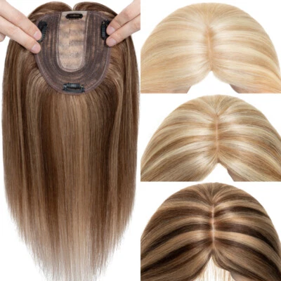 18 100% Human Hair Topper Toupee Piece Clip in Top Wig Silk Base Women Hairpiece - Image 1 of 4