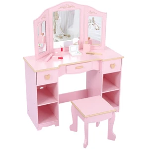 Girls' Vanity Table and Chair Set, Kids Makeup Dressing Table with Wood Makeup - Picture 1 of 8