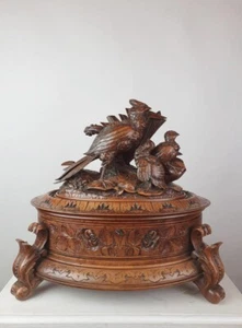 Antique Hand Carved Wooden Black Forest Jewelry Box Casket Velvet Bird Motif 20C - Picture 1 of 9