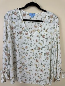 CeCe Women's Tie Sleeve Blouse ~ Ivory Floral V-Neck ~ Size Large ~ NWT - Picture 1 of 5