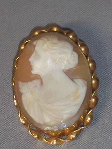 ANTIQUE GOLD FILLED SHELL CAMEO PIN WITH DECORATIVELY TWISTED FRAME - Picture 1 of 5