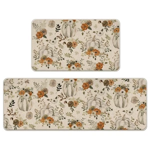 Fall White Pumpkin Kitchen Rugs Set of 2, Autumn Anemone Flower Leaves Floor ... - Picture 1 of 6
