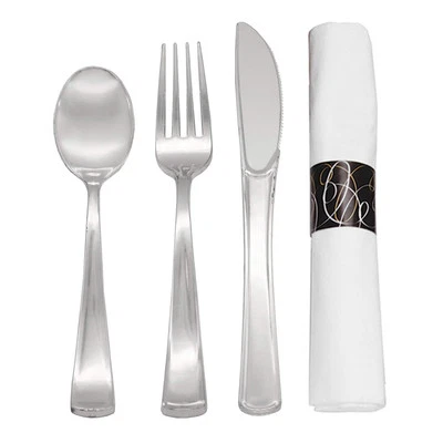 Party Essentials Supplies Wrapped Silverware Spoons/Forks/Knives Silver  - Image 1 of 4