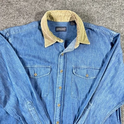 Lands End Denim Shirt 15.5 Medium Corduroy Collar Utility USA Made Vintage 80's - Image 1 of 4