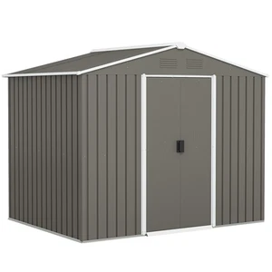 Outsunny 8 x 6ft Garden Storage Shed w/ Double Sliding Door Outdoor Light Grey - Picture 1 of 11