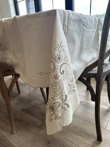 Vintage bestickte Tischdecke mit 12 Servietten, 96” x 62”, gewellte Kanten, LESEN - Bild 1 von 24