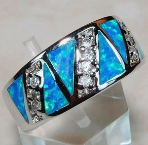 Australian Opal Inlay & Topaz 925 Solid Sterling Silver Ring Sz 8 BP6 - Picture 1 of 2