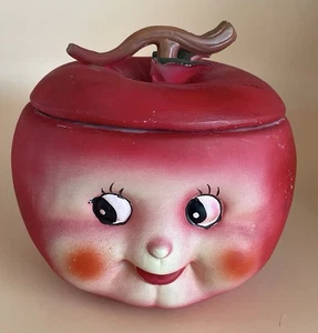 Vintage Anthropomorphic Red Apple Jar/Container Stem Lid Covered Matte 5" - Picture 1 of 10