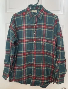 LL Bean Shirt Mens Medium Flannel Red Green Tartan Plaid Long Sleeve Button Down - Picture 1 of 3