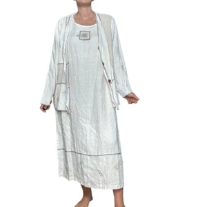 Vintage On The Rocks Off White Linen Shift Dress Jacket Set Size XL Hippie - Picture 1 of 10