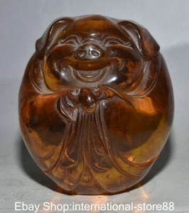 4.8" Old Chinese Red Amber Carving Feng Shui Pig Bat Lucky Sculpture - Picture 1 of 11