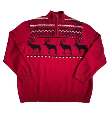 Chaps Fair Isle Nordic Sweater Mens XXL 2XL Red 1/4 Zip Reindeer Elk Ski Cotton - Image 1 of 4