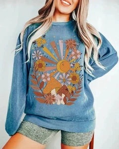 Comfort Colors Vintage Sweatshirt L Fleece Hippie Flowers Mushrooms Blue - Picture 1 of 9
