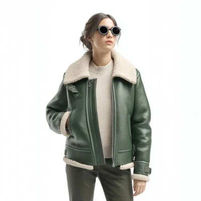 Green Shearling Aviator Flight Coat Bomber Leather Jacket with Faux Fur Lining - Image 1 of 3