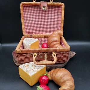 Vintage Wicker Picnic Basket Red Gingham Lining and Faux Food Cheese Bread Fruit - Picture 1 of 13