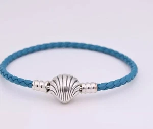 7 " Authentic PANDORA Seashell Clasp Blue Leather Charm Bracelet #598951C01-S - Picture 1 of 2