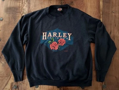 Vintage 1991 Harley Davidson Black Crewneck Sweatshirt Roses 3D Emblem sz L - Image 1 of 4