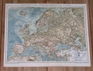 1900 ORIGINAL ANTIQUE MAP PHYSICAL EUROPE POLAND RUSSIA GERMANY AUSTRIA HUNGARY - Picture 1 of 3
