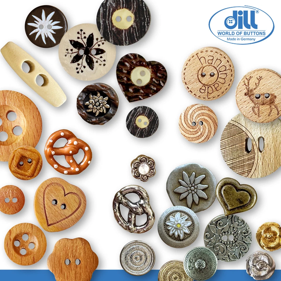 Dill Knöpfe Trachtenknöpfe Metallknöpfe Holzknöpfe Hirsch Horn Herz Handmade - Bild 1 von 1