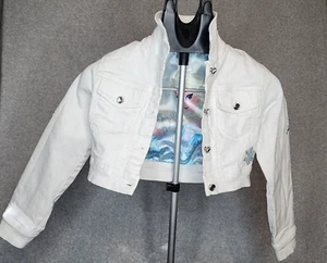 Disney Store Frozen White Cropped Denim Jacket 7/8 Silver Snowflakes Gems Elsa - Picture 1 of 19