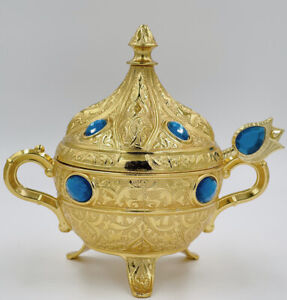Turkish Sugar Bowl | Ottoman Style Engraved | Round with Oval Stones - Gold