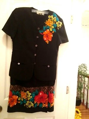 Black Tropical & Animal Print Accented Skirt & Short Sleeved Jacket  - Image 1 of 4