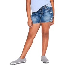 Justice Girls Lace Destructed Denim Midi Shorts Dark Wash  - Picture 1 of 2