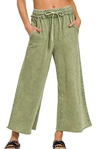 Zenana Washed French Terry Palazzo With Pockets - Picture 1 of 6