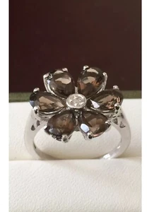 Sterling Silver Brazilian Smoky Quartz (3.75Ct) & Diamond Floral Ring - Picture 1 of 5