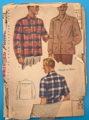Mens Sport Shirt Button Down Pattern Simplicity 1961 Sz Med 15 15.5 1940's VTG - Image 1 of 2