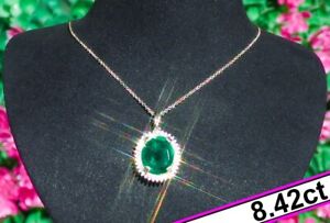 Emerald Necklace 14K Gold 8.42ct Colombian Emerald Diamond Necklace Vintag ESTAT