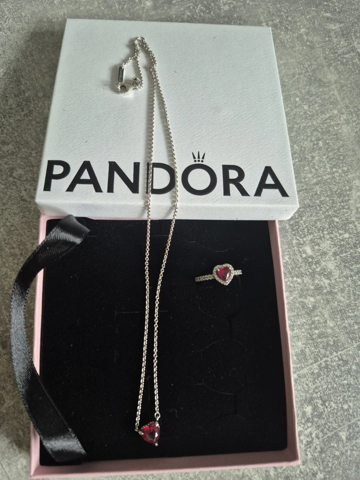 Pandora 925 Silber Kette +Ring Set Herz - Bild 1 von 3