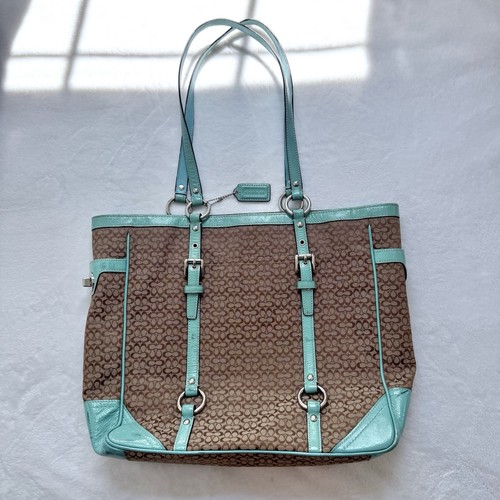 Borsa a mano Coach blu marrone Gallery East West firmata tracolla borsa F12345