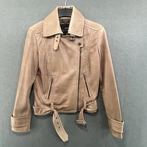 Mango Jacket Size M Womens Genuine Leather Biker Beige Soft Zip Detail - Picture 1 of 13