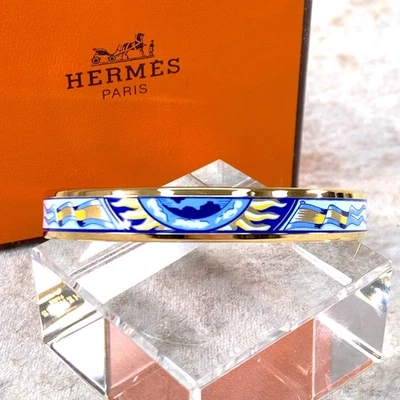 Brazalete Brazalete Hermes Esmalte Azul Velero Barco y Sol Borde Dorado 65 con Caja Foto 1 de 4