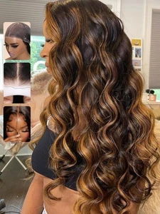 Ombre Highlight #FB30 7x5 Lace Front Glueless Human Hair Wig Balayage Wavy Pu... - Picture 1 of 9