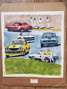 1970'S WATERCOLOR & INK PAINTING OF SCCA RACE WITH VOLVO MAZDA TOYOTA FIAT CAR - Picture 1 of 10