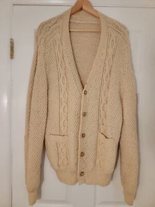 Handgestrickte Wolle Fischer Zopfmuster Herren Strickjacke Taschen Opa Pullover XL Handarbeit - Bild 1 von 7