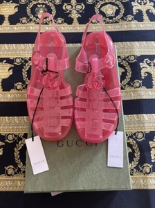 New Auth Gucci Women's GG Jelly Slingback Sandals In Pink/Deep Coral Size G 37 - Picture 1 of 6
