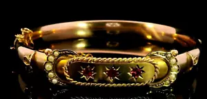 Antique 9ct Yellow Gold Ruby & Seed Pearl Bangle – Original Box - Picture 1 of 16