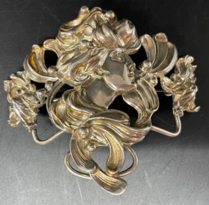 Antique Art Nouveau Sterling Silver Buckle Pin Brooch 1846 Womans Head - Picture 1 of 5