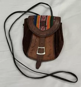 Vintage Mexican Style Brown/Black Distressed Leather Crossbody Bag Satchel - Picture 1 of 7