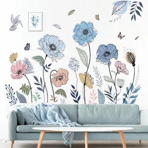 Blue Boho Flower Wall Stickers Floral Grass Butterfly Peel and Stick Wall Art De - Picture 1 of 12