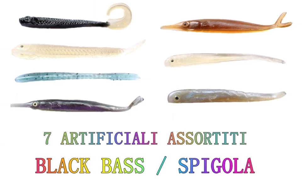 Kit 7 Esche Artificiali Gomma Pesca Spinning Black Bass Spigola Boccalone - Immagine 1 di 1